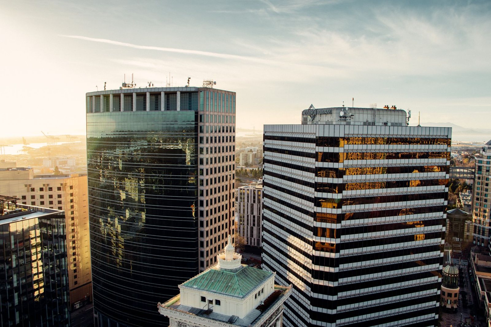 A skyline of commercial buildings in a downtown district.