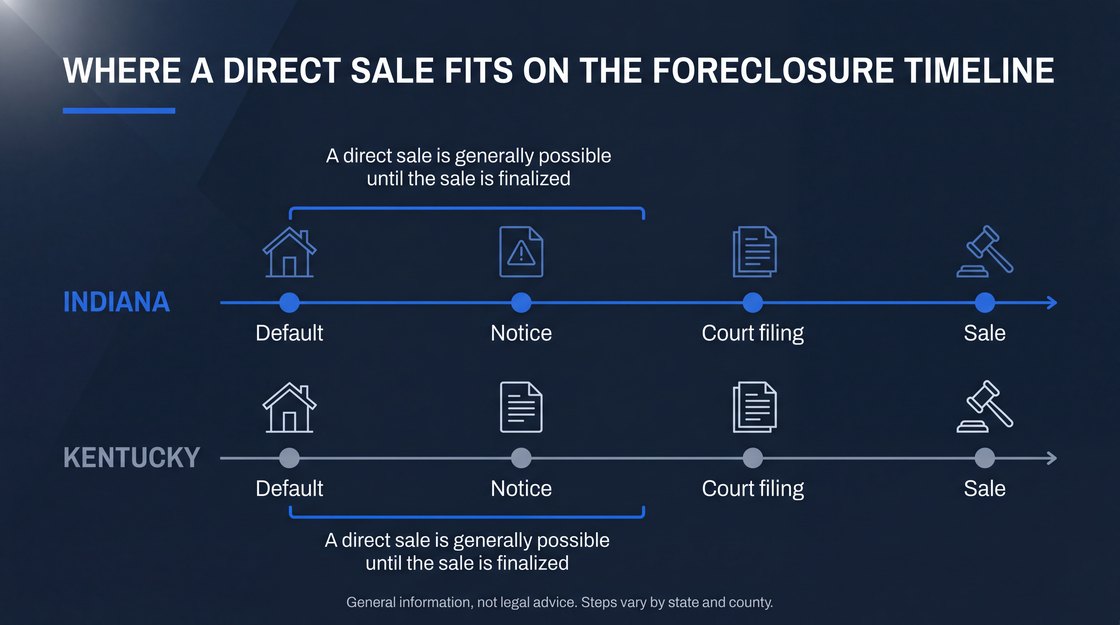 Where a direct sale fits on the foreclosure timeline. In both Indiana and Kentucky the steps run Default, then Notice, then Court filing, then Sale — and a direct sale is generally possible until the sale is finalized. General information, not legal advice; steps vary by state and county.